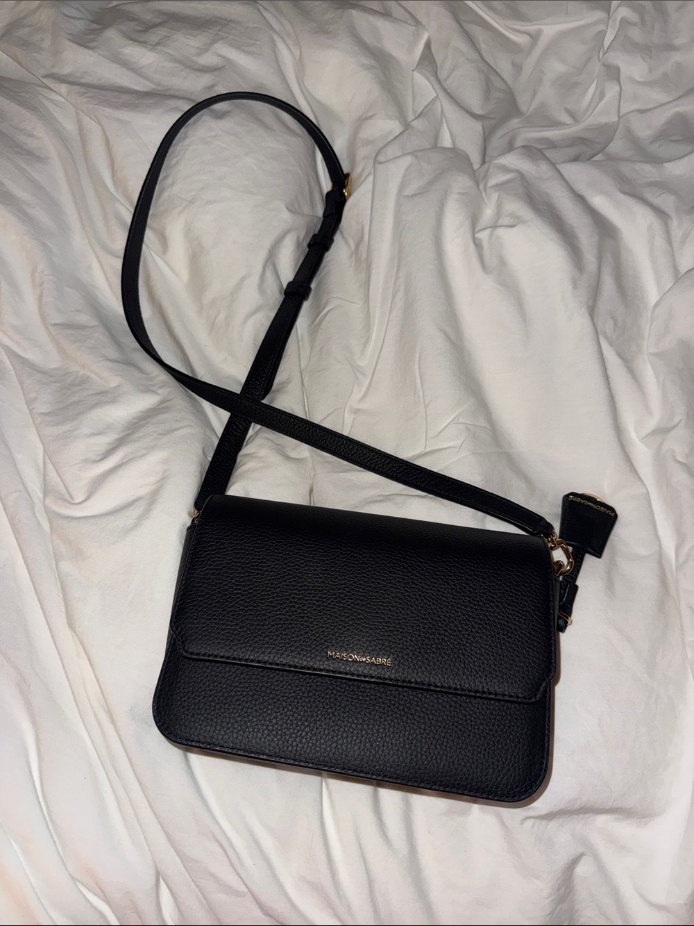 Maison Sabre Black Pebbled Leather Crossbody Bag with Adjustable Strap